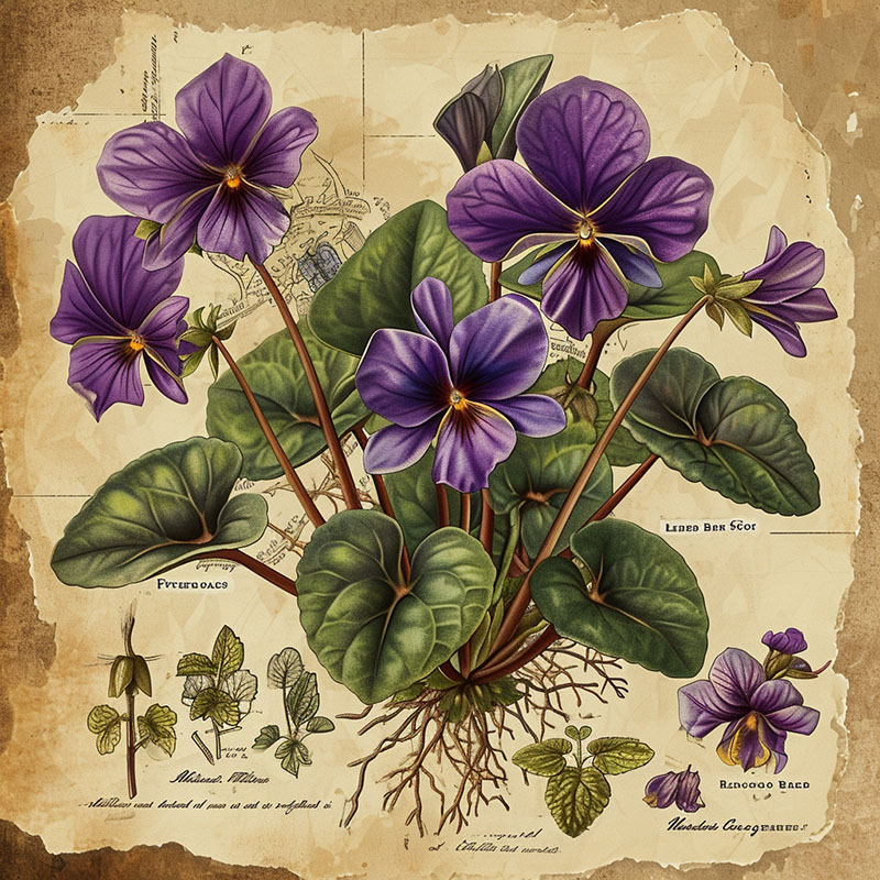 Vintage Botanical Illustration of African Violets