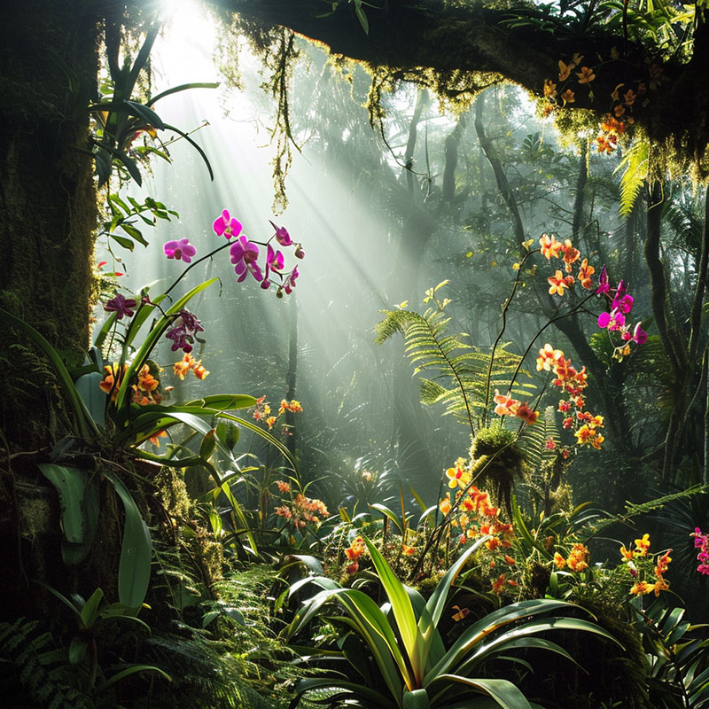 Orchids in a Misty Rainforest