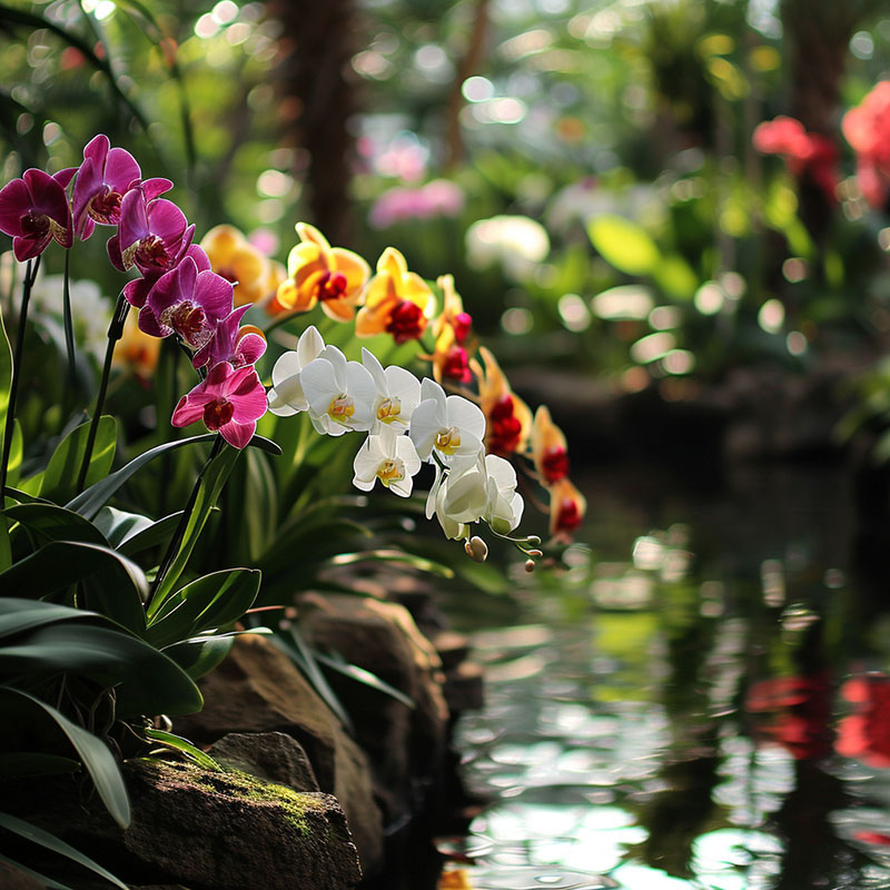 Orchids by a Tranquil Pond