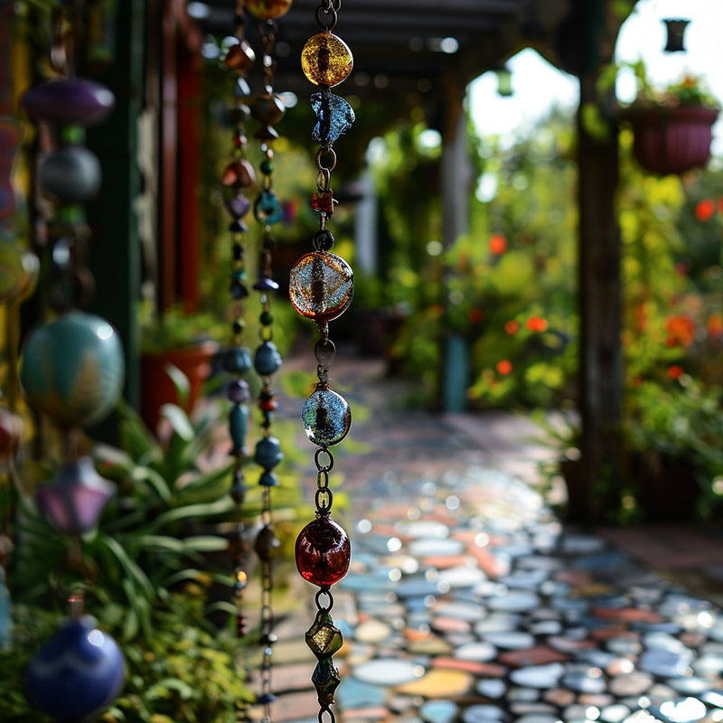 Artistic Rain Chain in a Bohemian Garden Setting
