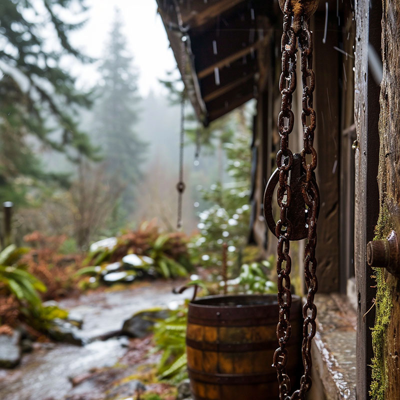 Rain Chain in a Rustic Mountain Cabin Setting
