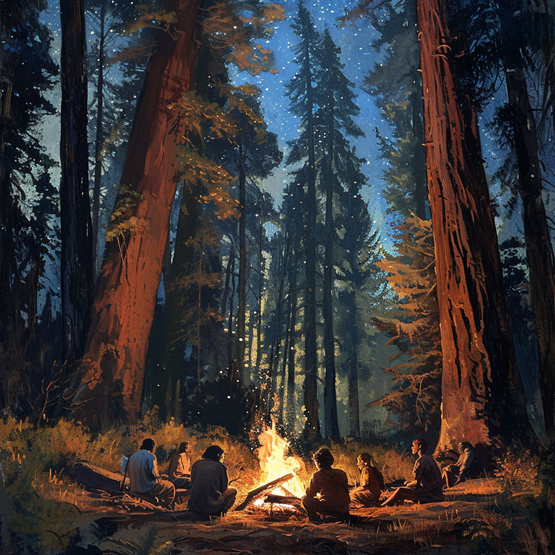 Evening Campfire in a Redwood Forest