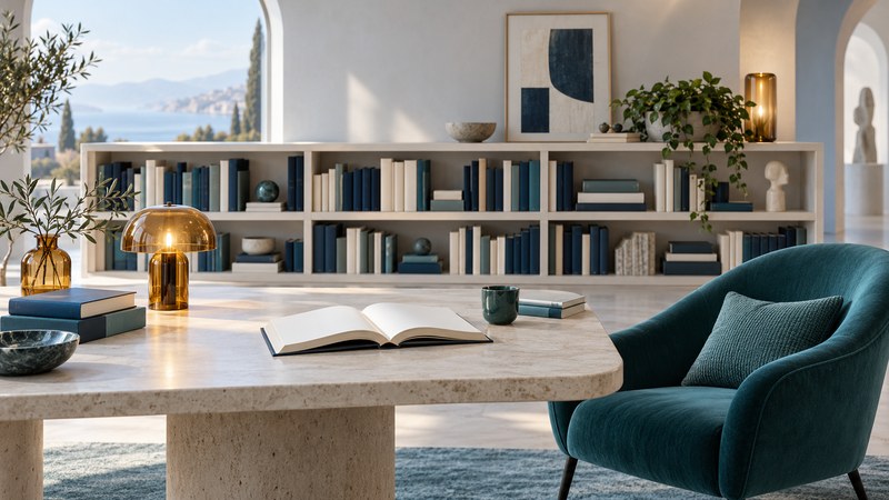 An open book, varied bookshelves and a teal reading chair in a quiet library.