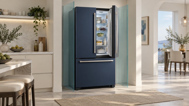 A navy refrigerator with two upper doors and one lower freezer drawer beside translucent clearance planes.