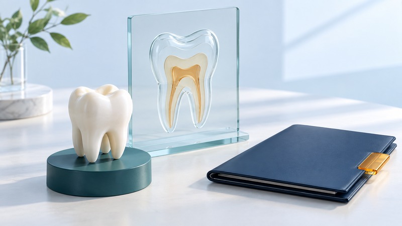 An ivory tooth model beside a transparent educational tooth illustration and a closed consultation folder.
