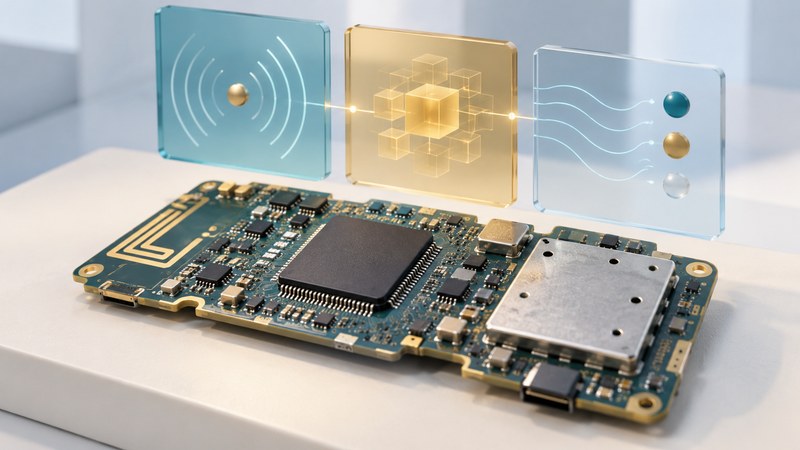 A circuit board with modem processing, RF components and translucent signal panels.