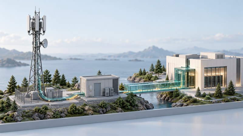 A cellular mast, equipment shelter and core-network building connected by glass paths.