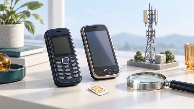 Two older phones, a SIM card and inspection lens arranged on an ivory platform.
