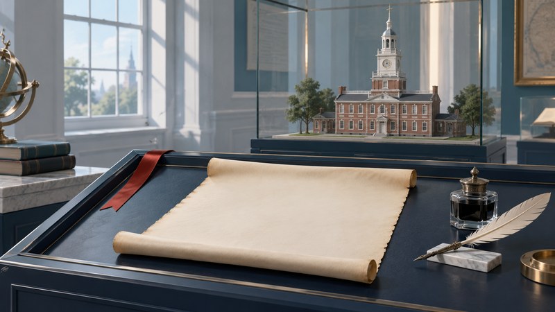 Blank parchment, a quill, and an inkpot in front of a miniature Independence Hall.
