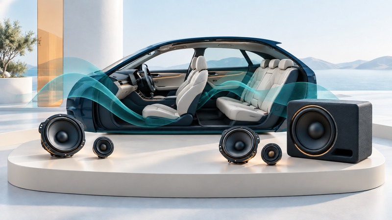 Conceptual cutaway car cabin with separate speaker components and translucent teal sound bands.