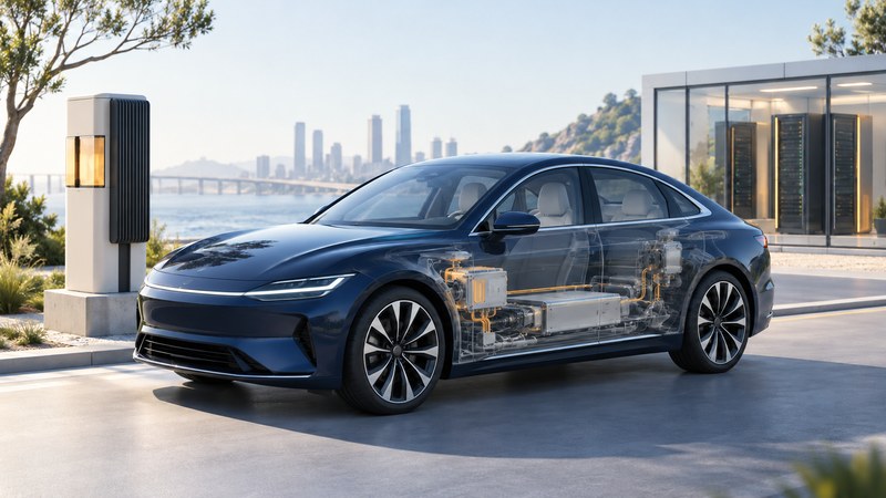 Unbranded car with a conceptual electronics cutaway beside a roadside unit and server building.