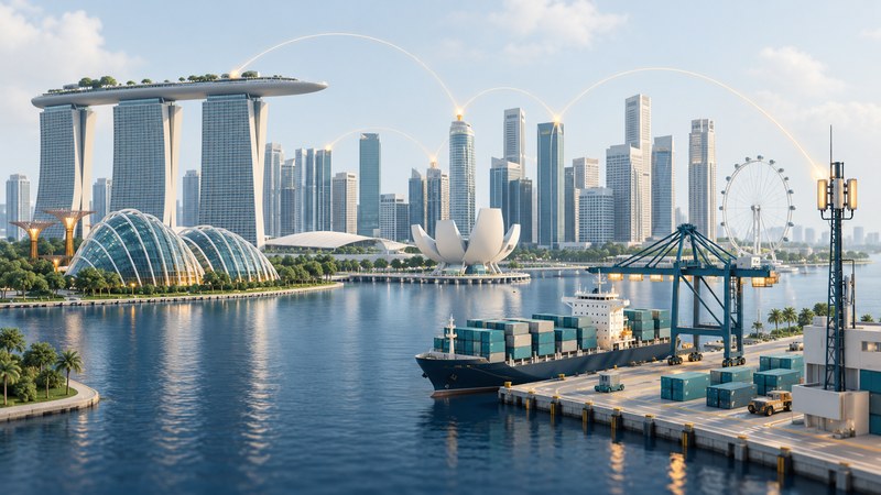 Conceptual Singapore waterfront skyline, container vessel, port crane and communications mast.