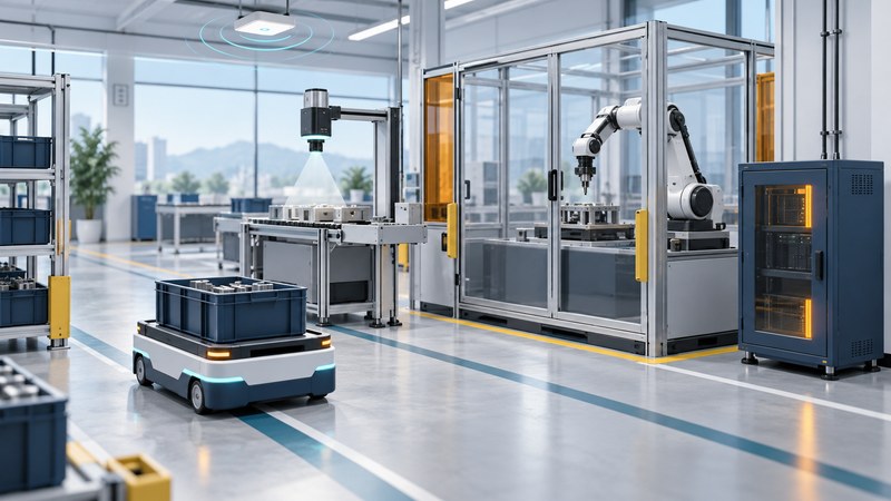 Mobile cart, inspection camera, enclosed robot cell and edge cabinet on a factory floor.