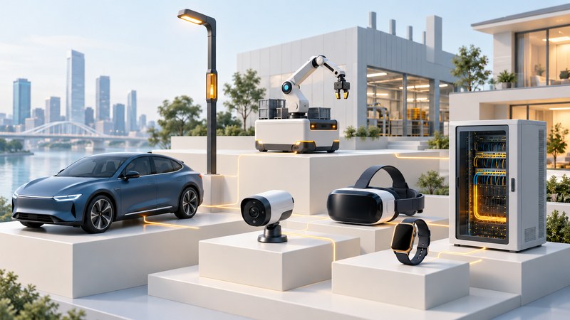 Car, robot, camera, headset, watch and network cabinet arranged on ivory platforms.