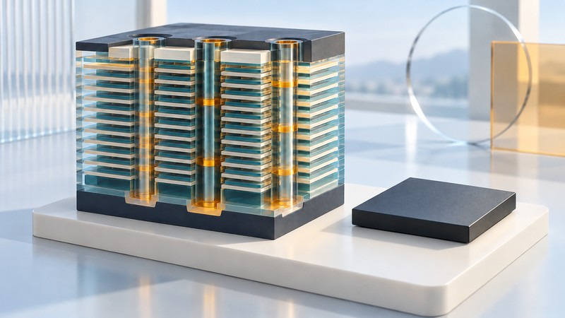 A conceptual layered flash-memory block with vertical channels beside a plain embedded package.