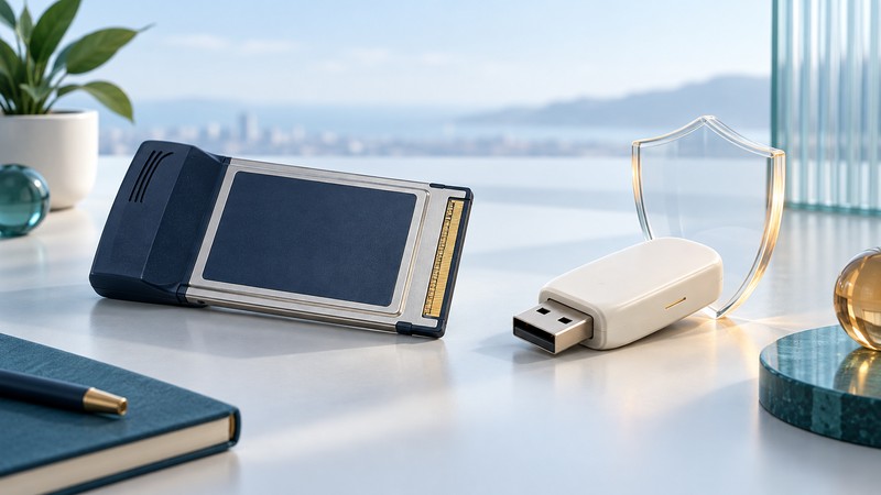 A legacy CardBus-style wireless adapter and modern USB adapter sit beside a translucent shield.