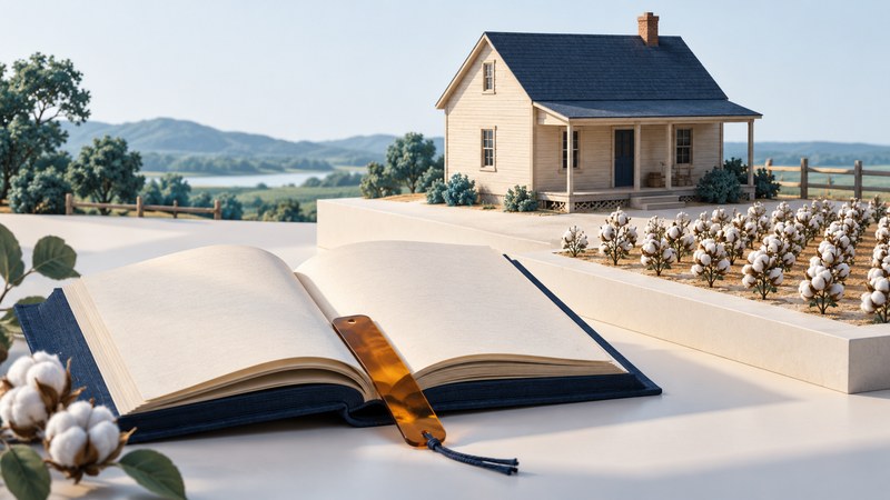 An open book beside a miniature farmhouse and cotton rows on an ivory display.
