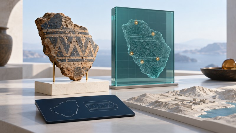 A pottery fragment on a display stand beside its conceptual digital mesh and a small terrain model.