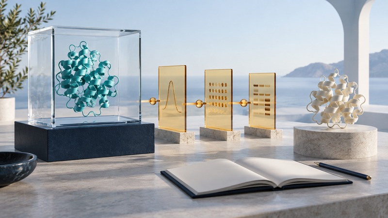 A teal protein model in glass beside a physical ivory model, amber verification gates and a blank navy notebook.