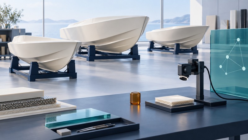 Three ivory hull models sit on navy cradles near a camera inspecting a separate material sample and a teal conceptual data panel.