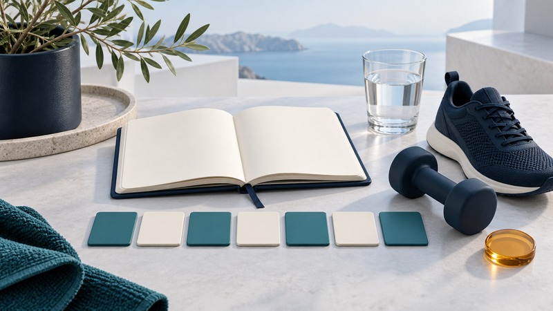 A blank notebook and seven planning tiles sit beside a navy shoe, dumbbell and glass of water.