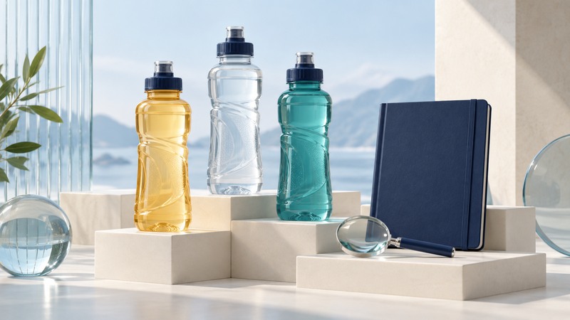 Three generic sports-drink bottles sit beside a navy notebook and magnifier.