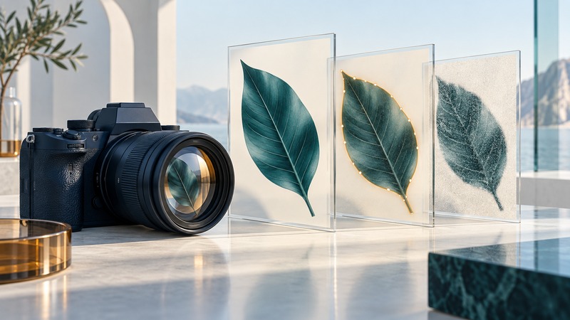 A navy camera stands beside three glass panels showing a leaf, a selection outline, and visible grain.