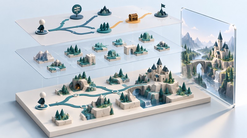 A miniature game world with branching paths, modular terrain and separate transparent rendering layers.