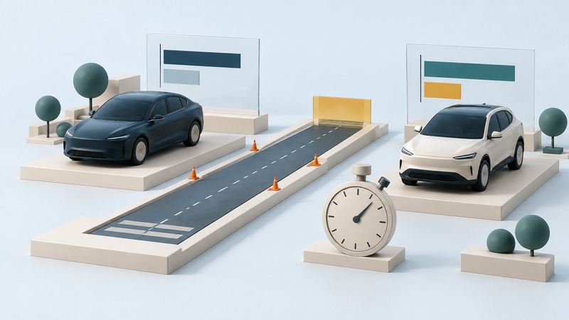 Two cars on comparison platforms beside a miniature test lane, stopwatch and abstract score panels.