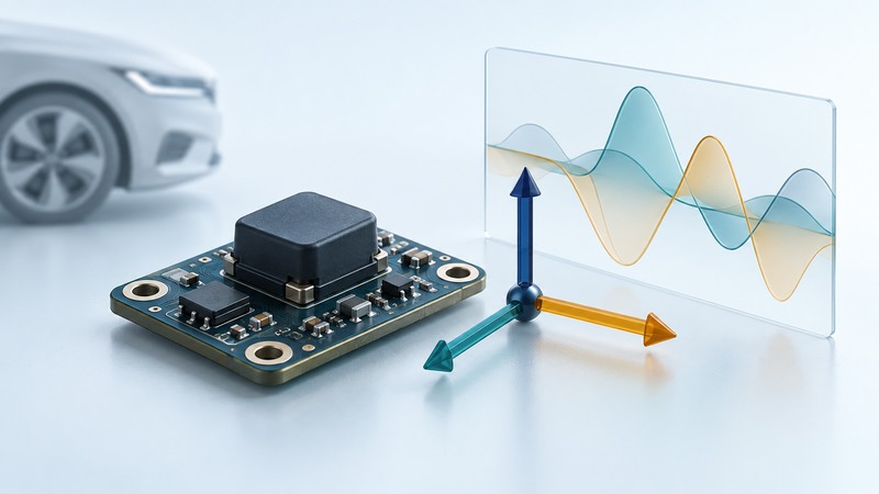 Conceptual sensor board beside three perpendicular axis arrows and an abstract waveform panel.