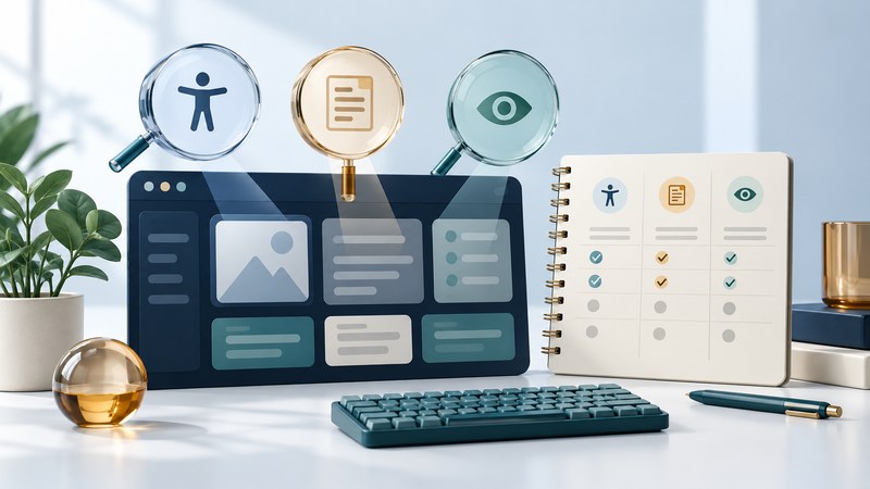 Three inspection lenses hover over a browser panel beside a comparison notebook and teal keyboard.