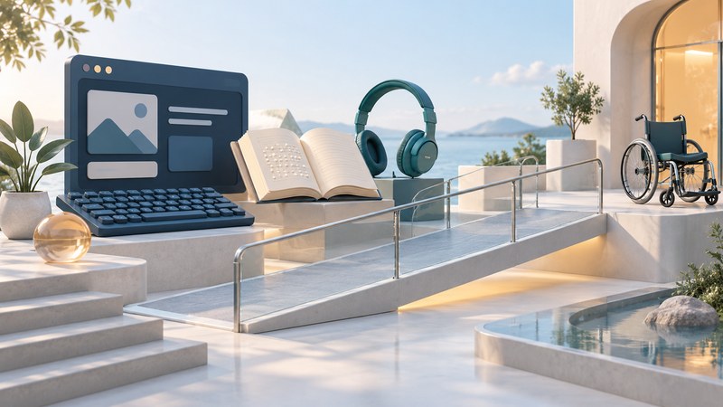 A keyboard and browser panel, open book, headset and wide ramp connect access to information and places.