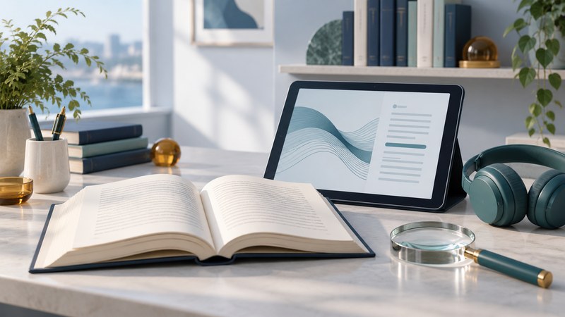 An open book, tablet, headphones and glass magnifying lens on an ivory reading desk.