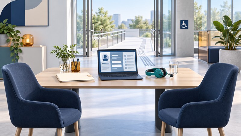 Two navy interview chairs face a table with a laptop, folder and teal headset near an open entrance.