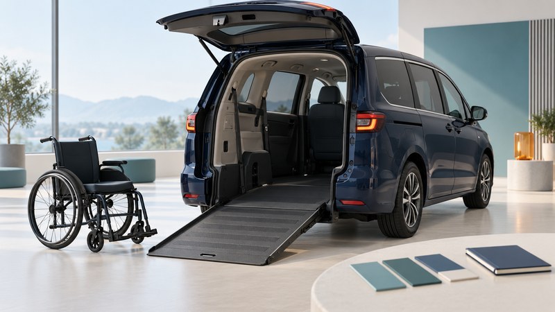 A navy minivan has its rear ramp deployed on a level showroom floor beside an empty wheelchair.