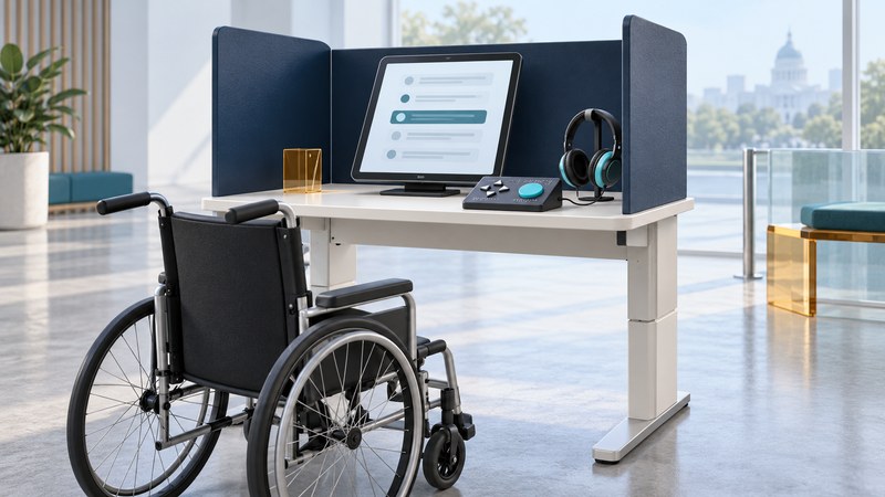 A conceptual ballot-marking station has privacy panels, an adjustable desk, a tactile control pad and headphones.