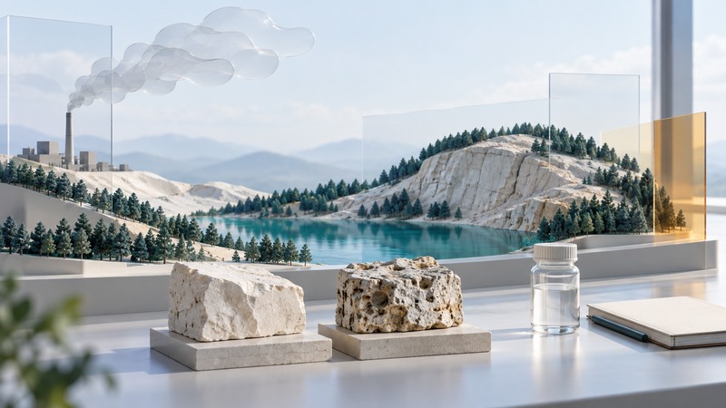 A conceptual landscape links a distant stack and clouds with a lake, stone samples and a capped sampling bottle.