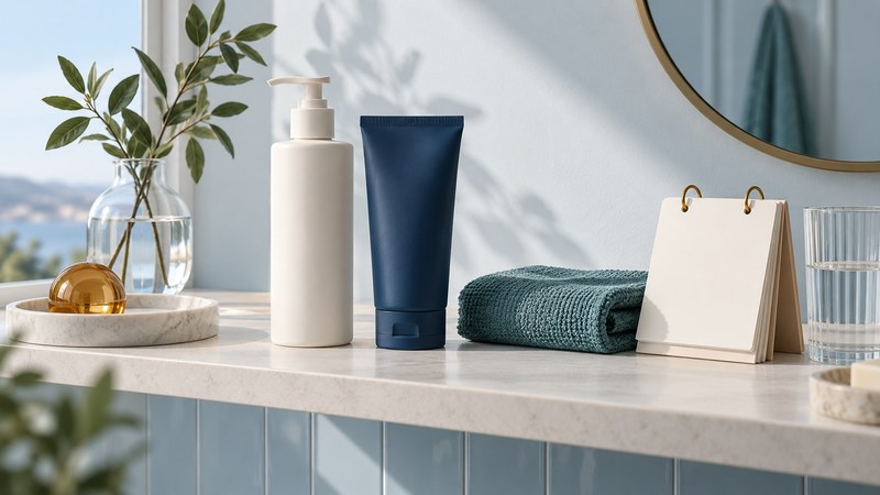 Plain skincare containers, a folded cloth and a blank calendar on a shelf.