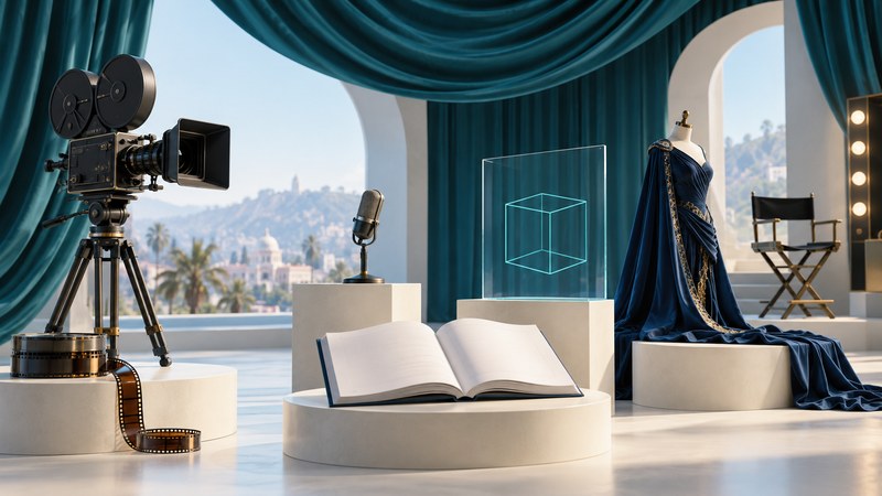 A cinema camera, microphone, blank script, costume and glass wireframe cube beneath a teal curtain.