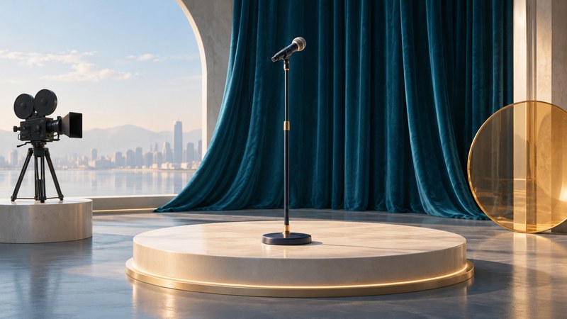 A vocal microphone on an ivory stage before a teal curtain, with a film camera beside it.