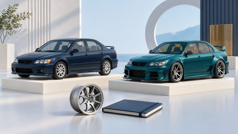 Two sporty sedan models with different body treatments stand beside a wheel and service notebook.