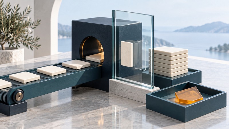 Ivory data tiles pass a navy inspection opening while an amber tile rests in a separate tray.