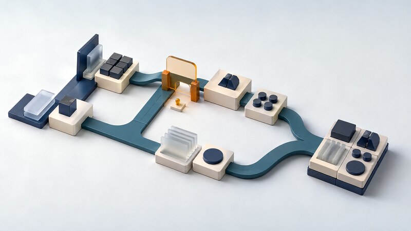 Branching teal paths connect modular workflow stations through an amber gate.