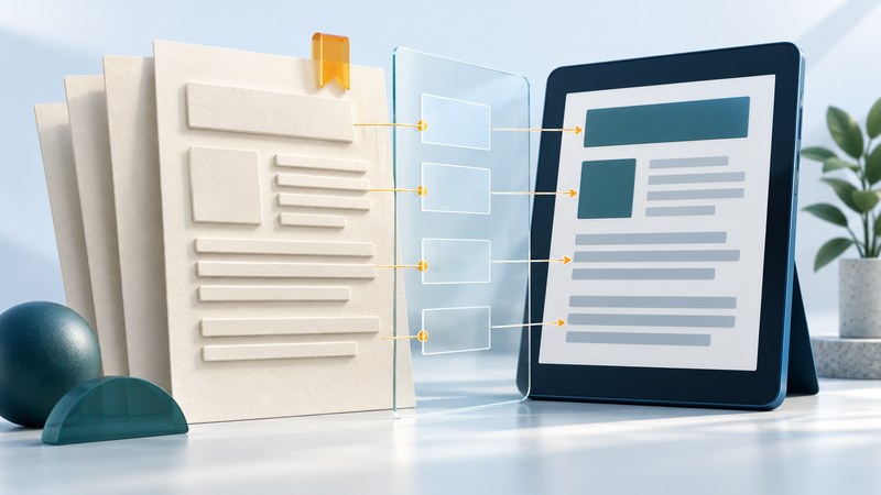 Raised heading and paragraph blocks on ivory sheets align with a structured document on a navy tablet.