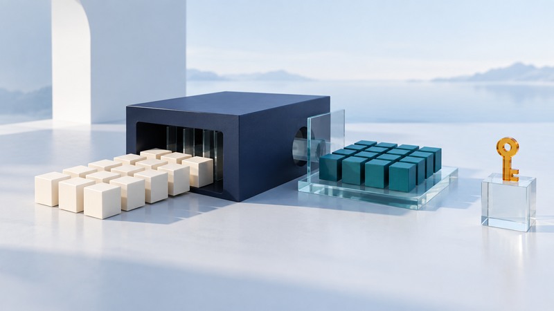 Ivory and teal block arrays sit on either side of a navy mechanism, with a separate amber key on glass.