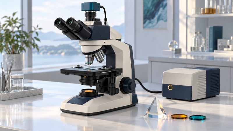 A research light microscope with camera and illumination module stands beside a prism and colored filter discs.