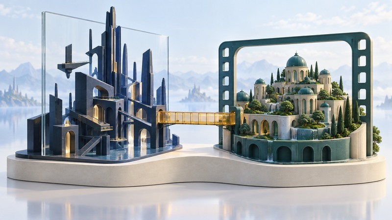 Angular navy towers and a rounded teal garden city stand in contrasting frames joined by an amber bridge.