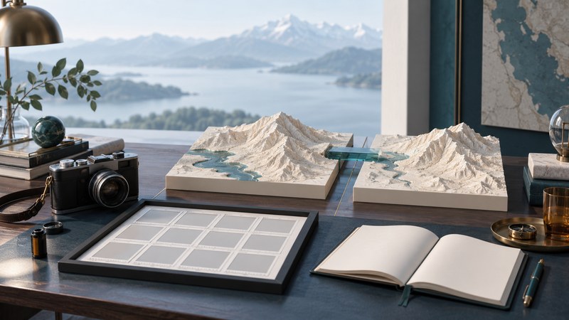 A camera, empty contact-sheet frame and notebook sit beside two abstract terrain panels connected by a teal strip.