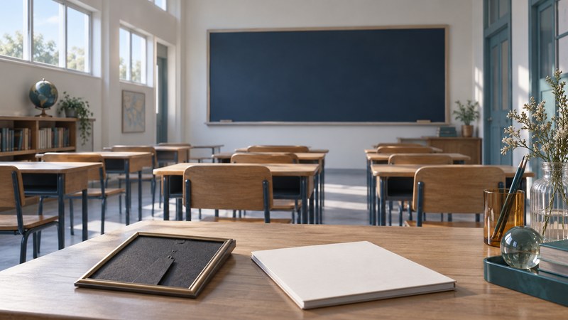 An empty conceptual classroom has a blank blackboard and wooden desks, with a notebook and face-down picture frame in front.