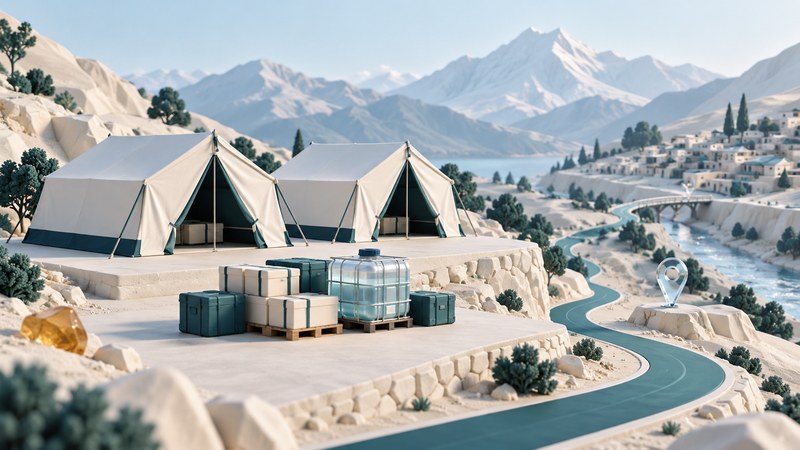 Two miniature relief tents and plain supply containers beside a winding route through ivory mountains.